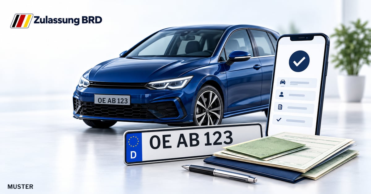 Online Fahrzeugzulassung in Lennestadt: Musterkennzeichen OE AB 123, Auto und Fahrzeugpapiere und Smartphone. Illustration mit Logo von Zulassung BRD.
